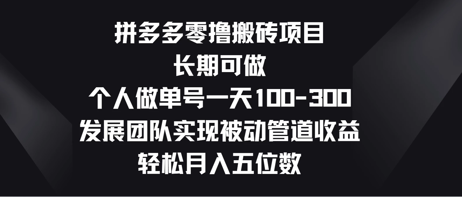 拼多多零撸搬砖项目，长期可做，个人做单号一天100-300，发展团队实现被动管道收益，轻松月入五位数 - 项目资源网 - 项目资源网