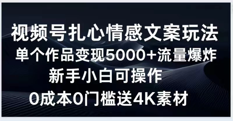 视频号扎心情感文案玩法，单个作品变现5000+，流量爆炸，两分钟一条作品，新手小白可操作，0成本0门褴送4K素材送工具 - 项目资源网 - 项目资源网